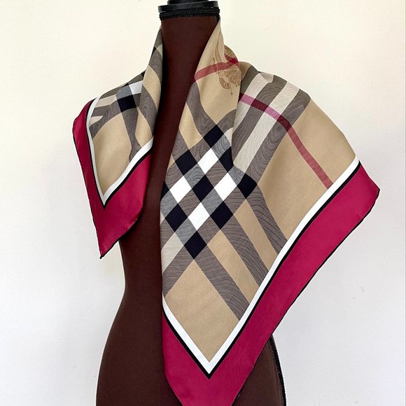 NWT Burberry Scarf Classic Beige Check Pattern Red Border Silk Scarf Wrap - Picture 5 of 13